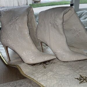 Lulu's Elegant Floral Cream Heeled Boots